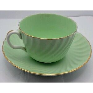 MINTON China/England Flat Coffee/Tea Cup & Saucer 1 Set Green Gold Shell Swirl